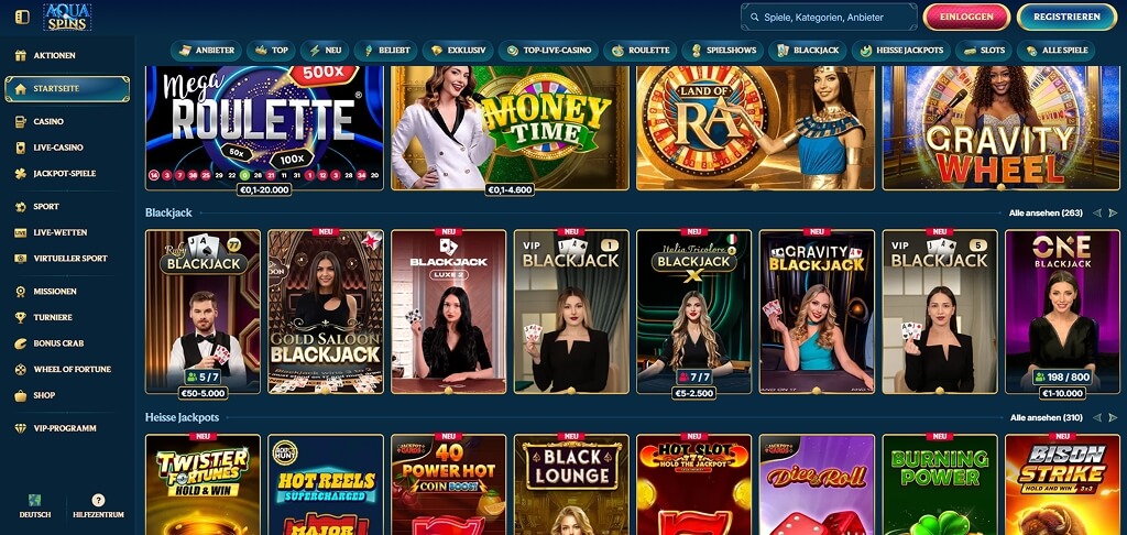 AquaSpins Casino - Benutzeroberfläche
