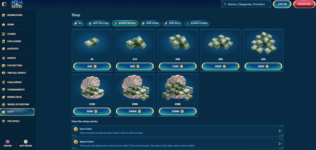 AquaSpins Casino Bonus Shop