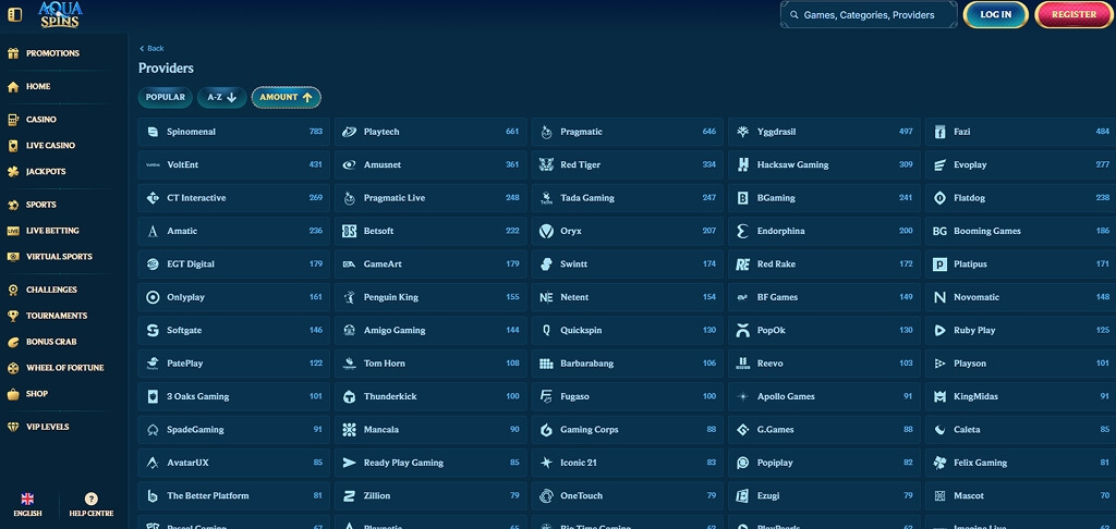 AquaSpins Casino Game Providers