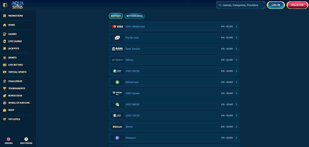AquaSpins Casino Payment Methods