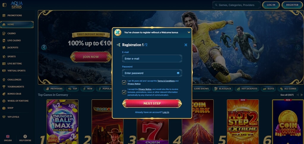 AquaSpins Casino Registration