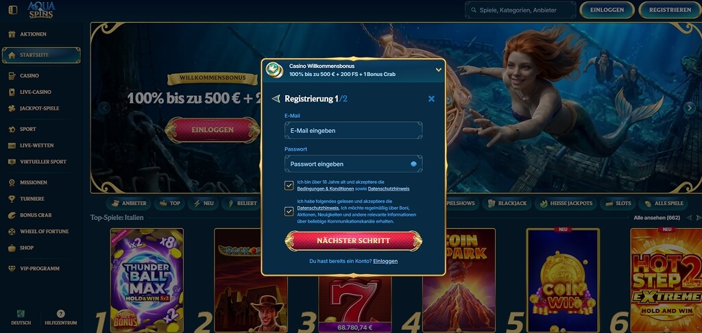 AquaSpins Casino Registrierung