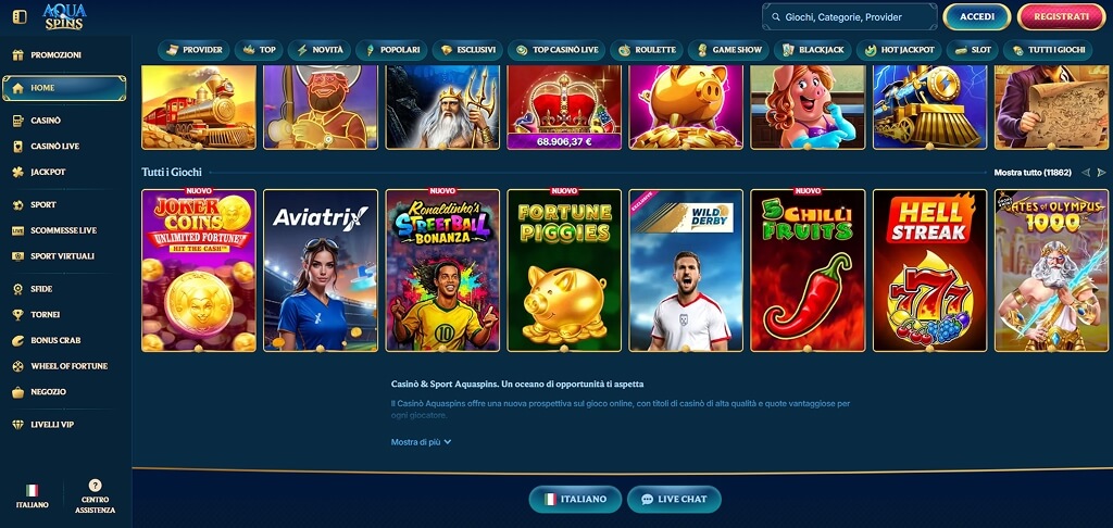 Interfaccia del Casinò AquaSpins