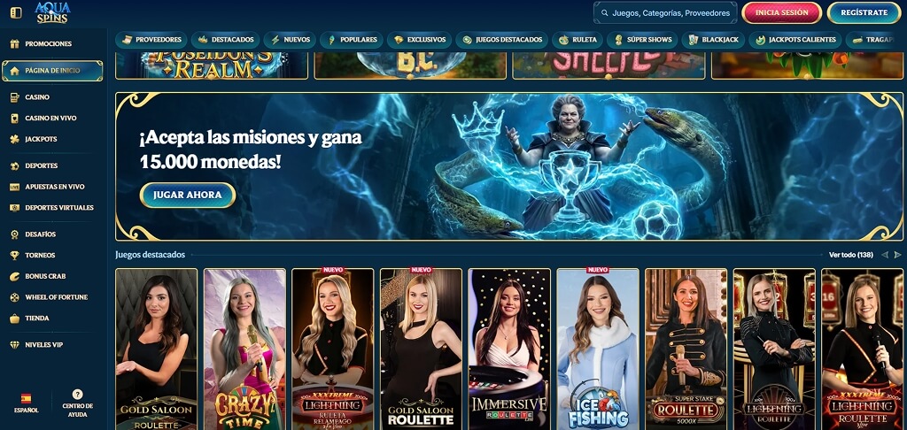 Interfaz del casino AquaSpins
