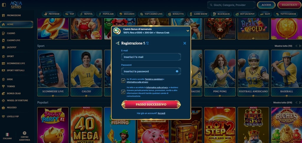Registrazione al Casinò AquaSpins