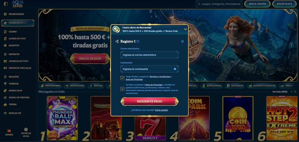 Registro en AquaSpins Casino